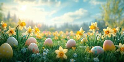 Colorful Easter eggs surrounded by blooming daffodils in a sunny meadow during spring photo