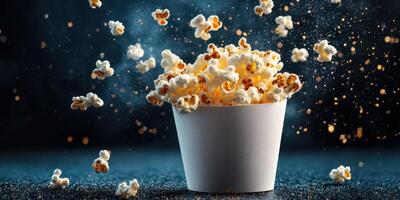Popcorn leaps from a cup, creating a playful and dynamic display of snack time excitement in a dark, dramatic atmosphere photo