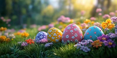 Colorful decorated eggs displayed in a vibrant spring meadow surrounded by blooming flowers photo