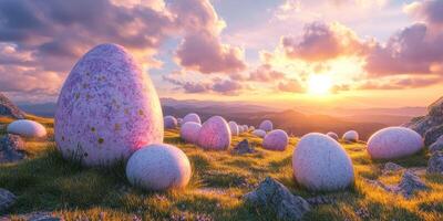 Giant colorful eggs scattered across a grassy landscape during sunset with mountains in the background photo