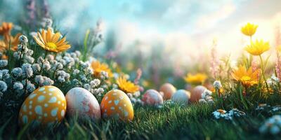Colorful Easter eggs nestled in a vibrant flower garden during springtime photo