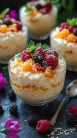 Delicious dessert bowls filled with creamy rice pudding topped with fresh fruits in a cozy kitchen setting photo