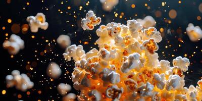 Exploding popcorn kernels against a dark background with glowing bokeh effects in a cinematic style photo