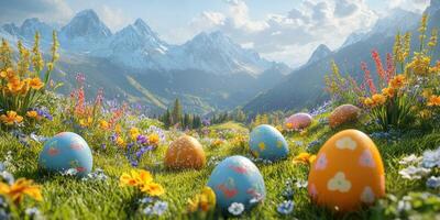 Colorful Easter eggs scattered in a vibrant meadow surrounded by majestic mountains and blooming flowers during springtime photo