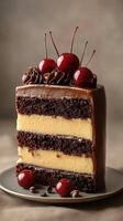 Slice of rich chocolate cake with creamy layers and cherries on top captured in a simple setting photo