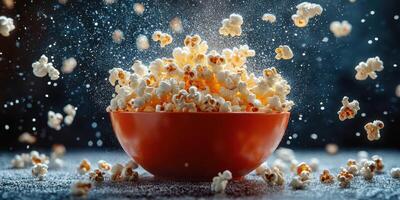 Popcorn bursts into the air from a bowl during a lively movie night at home, creating a playful and festive atmosphere with kernels flying everywhere photo
