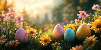 vistoso Pascua de Resurrección huevos entre vibrante flores en un soleado jardín durante primavera foto