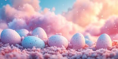 Colorful speckled eggs resting on fluffy clouds at sunset with a dreamy atmosphere photo