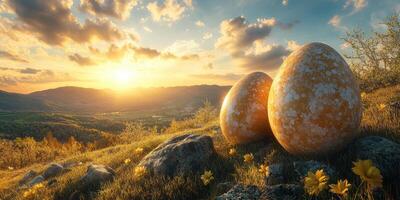 Stunning sunset reveals large, speckled eggs nestled in a tranquil landscape with blooming flowers and distant mountains photo