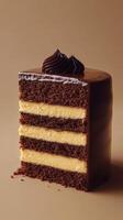 Delicious chocolate layer cake with creamy filling and elegant decoration on a neutral background photo