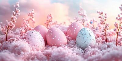 Colorful decorative eggs surrounded by fluffy pastel clouds and blossoms during springtime celebration photo