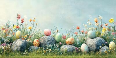 Colorful Easter eggs placed among rocks and flowers in a serene spring landscape filled with blooming flora photo