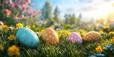 Colorful eggs in a vibrant spring meadow during a sunny afternoon celebration photo