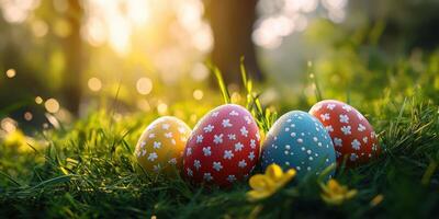 Colorful decorated eggs resting on grass in a serene outdoor setting during spring season photo