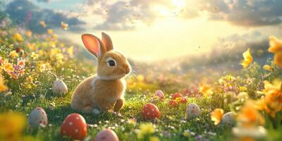 Playful bunny surrounded by colorful Easter eggs in a sunny flower field at dawn photo