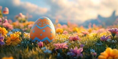 Colorful decorative egg amidst blooming flowers in a sunny spring landscape with mountains in the background photo