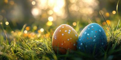 Colorful Easter eggs resting on vibrant grass under soft sunlight during spring afternoon photo