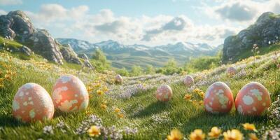 Colorful decorative eggs scattered in a vibrant meadow surrounded by mountains on a sunny day photo