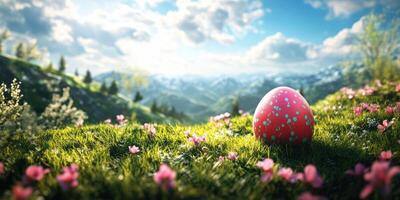 Brightly colored Easter egg resting on vibrant grass surrounded by flowers and mountains under a sunny sky photo