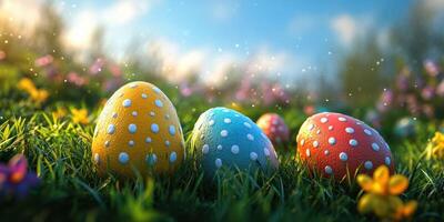 Colorful decorated Easter eggs resting on vibrant green grass in a sunny meadow during springtime photo