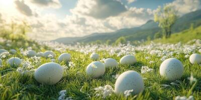 White eggs scattered across a lush green meadow filled with wildflowers under a bright blue sky in the afternoon photo