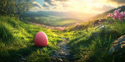 Colorful pink egg nestled in green grass under a cloudy sky during sunset in a serene landscape photo