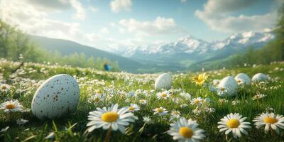 Beautiful meadow with Easter eggs and daisies under a clear blue sky in springtime photo