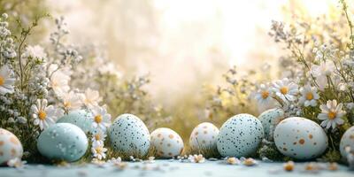 Decorative Easter eggs surrounded by wildflowers in a serene outdoor setting photo