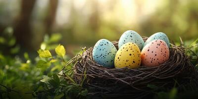 Colorful speckled eggs resting in a nest surrounded by soft greenery during springtime photo