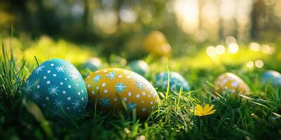 Colorful Easter eggs scattered on fresh green grass during springtime in a sunny park photo
