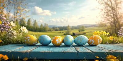 Colorful spring eggs decorate a vibrant outdoor setting with flowers and greenery during a sunny day photo