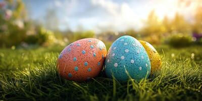 Colorful Easter eggs resting on vibrant green grass under a sunny sky in a cheerful spring setting photo