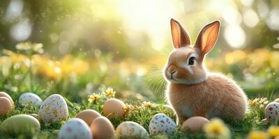 primavera escena con un linda Conejo rodeado por vistoso Pascua de Resurrección huevos en un floreciente prado a amanecer foto