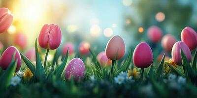 vistoso tulipanes y Pascua de Resurrección huevos en un brillante jardín a amanecer creando un festivo atmósfera de primavera alegría foto