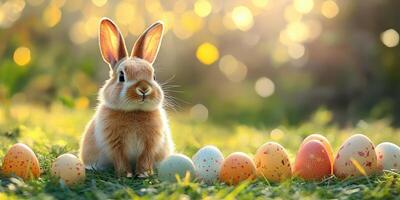 Cute rabbit sitting among colorful Easter eggs in a sunny grassy field during springtime photo