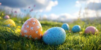 Colorful decorated eggs hidden in a sunny meadow during Easter celebration in spring season photo