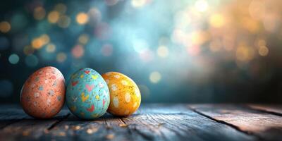 Colorful decorative eggs on a wooden surface with a blurred background of soft lights photo