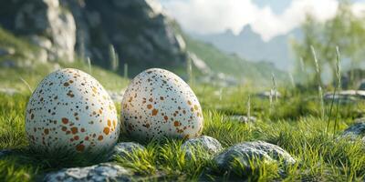 Two speckled eggs resting on mossy stones in a sunlit clearing surrounded by lush green mountains photo