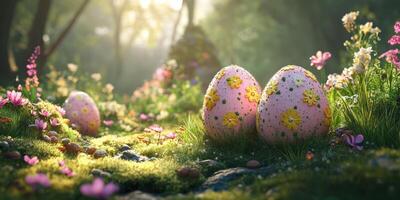 Colorful flower-adorned eggs nestled among lush greenery and blossoms during a serene spring morning photo