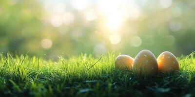 Colorful easter eggs resting on lush green grass under bright sunlight in a serene outdoor setting photo