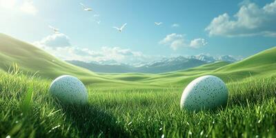 Beautiful landscape with speckled eggs in lush green grass under a clear blue sky and mountains during daylight photo