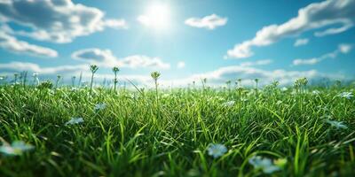 Bright sunny day over a vibrant green field dotted with small white flowers and a clear blue sky photo