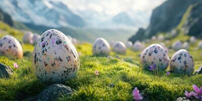 Colorful speckled eggs scattered across a lush green meadow with mountains in the background during daylight photo