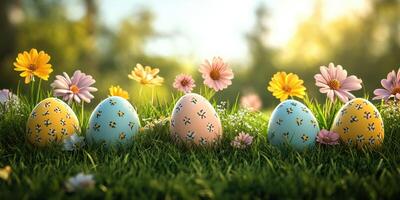 Colorful decorated Easter eggs nestled in a vibrant garden filled with flowers during a sunny spring afternoon photo