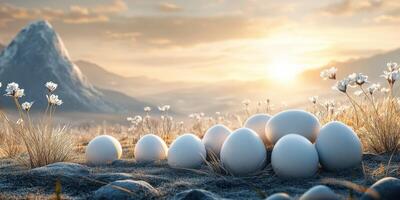 Nature showcases a serene landscape with eggs and flowers at sunrise near mountains photo