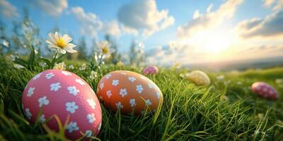 Colorful decorated Easter eggs resting on grass during a sunny spring afternoon in a serene landscape photo