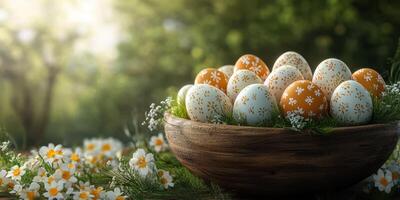 Colorful decorated eggs nestled in a wooden bowl amidst flowers in a bright spring setting photo
