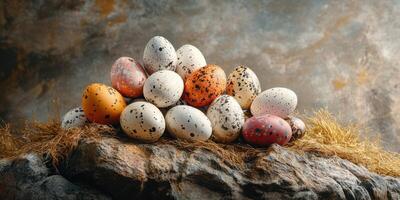 Colorful speckled eggs arranged on a rocky surface with natural elements in warm lighting photo