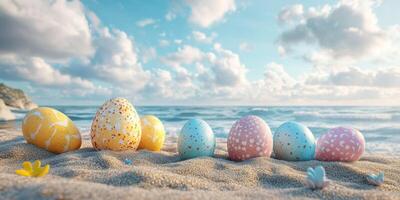 Colorful decorative eggs resting on sandy beach near ocean with clouds in bright sky during spring photo