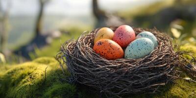 Colorful eggs resting in a natural nest among vibrant greenery during early morning light photo